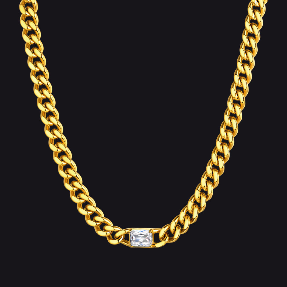 Gold / Diamond 7mm CZ Birthstone Cuban Link Choker Necklace 16 inch