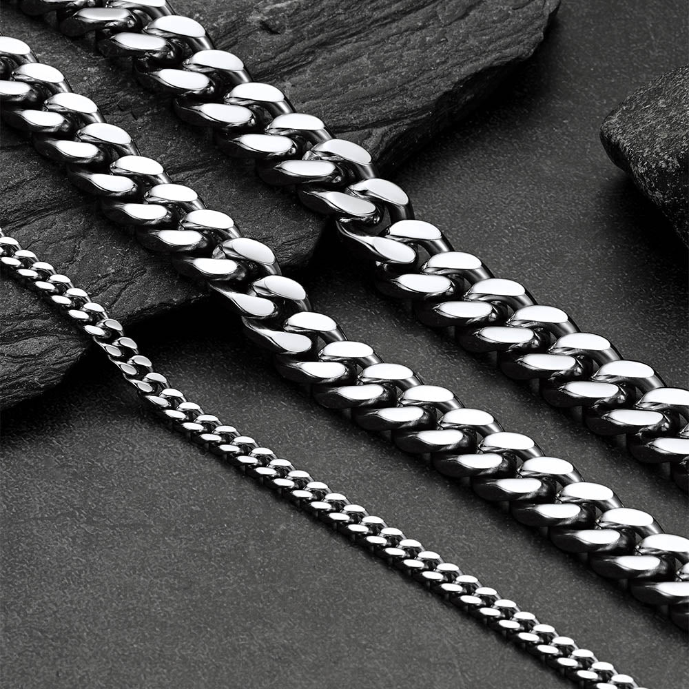 Chunky Cuban link chain choker necklaces in 5mm, 12mm, and 14mm widths displayed side by side