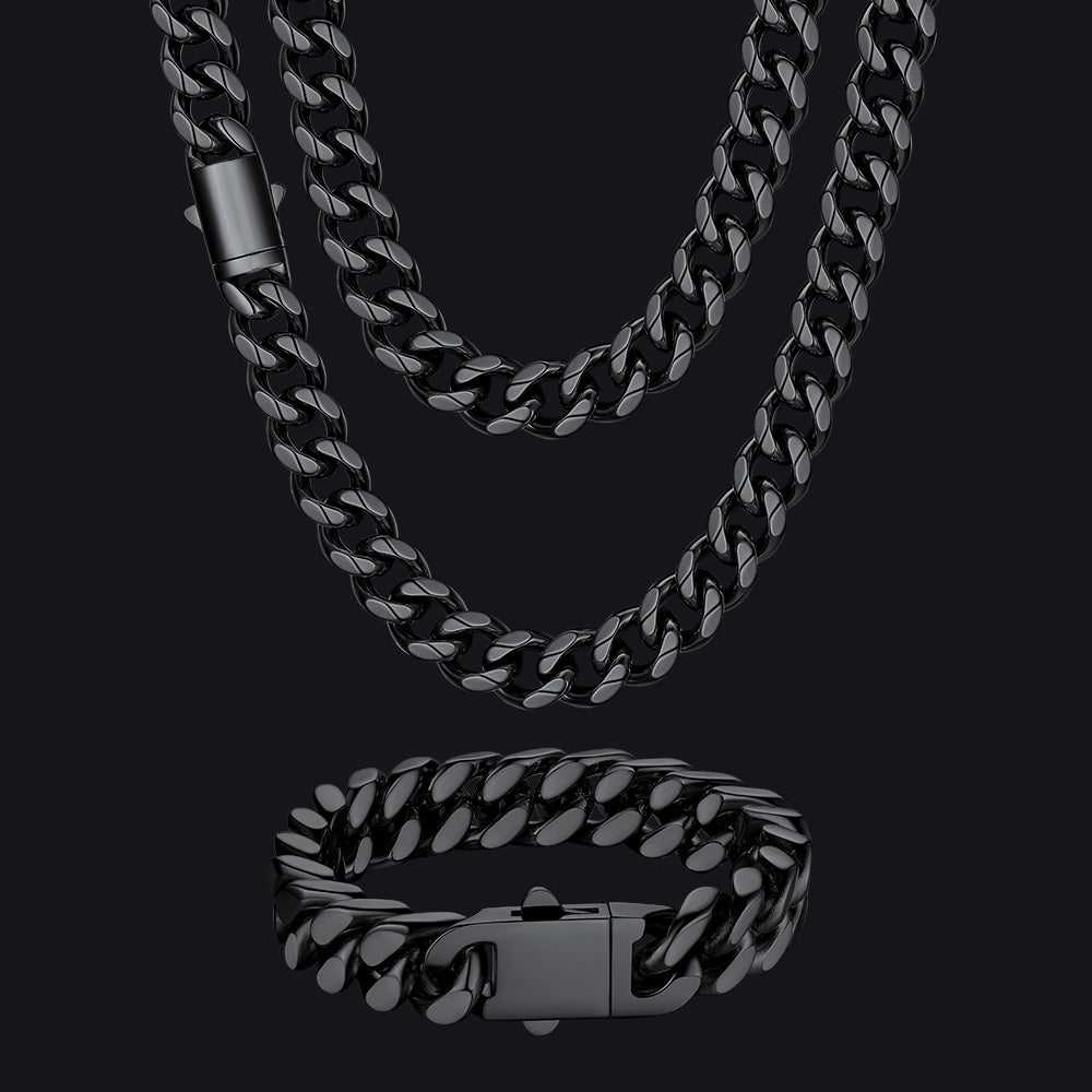 Engraved Cuban Chain & Bracelet Jewelry Set for Men