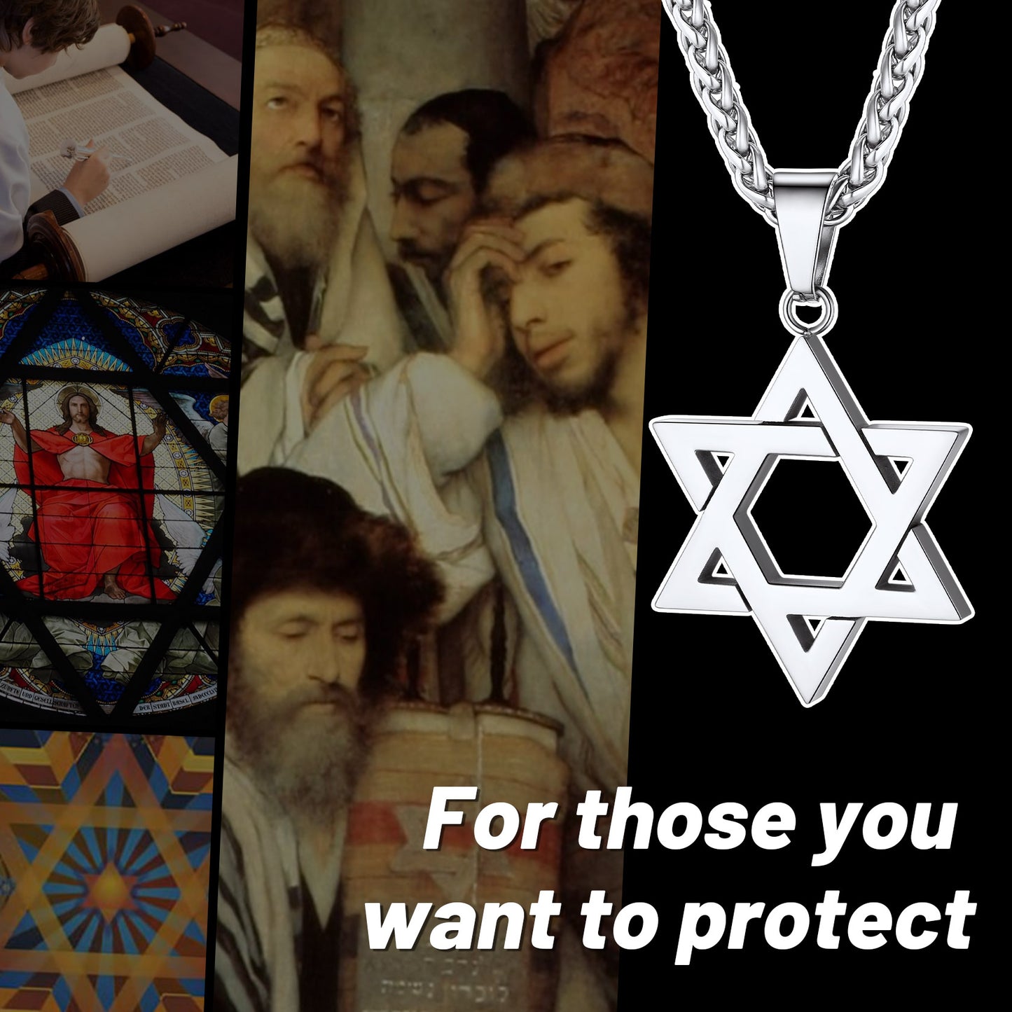 Jewish Star of David necklace with religious imagery, For those you want to protect