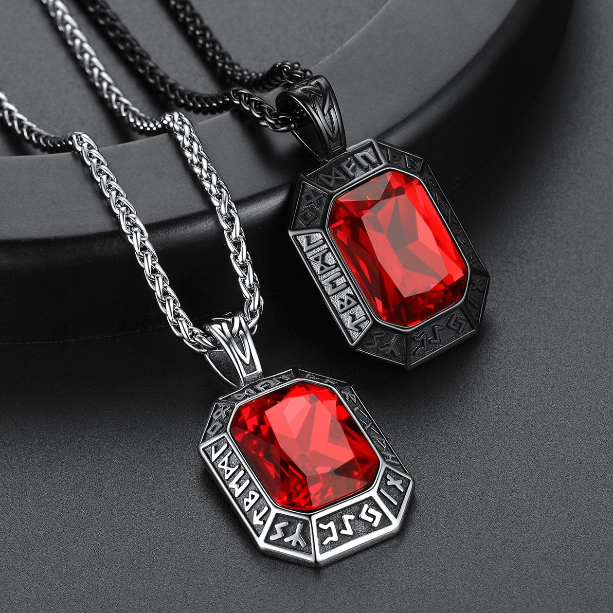 Men's Engraved Ruby Dog Tag Pendant Necklace