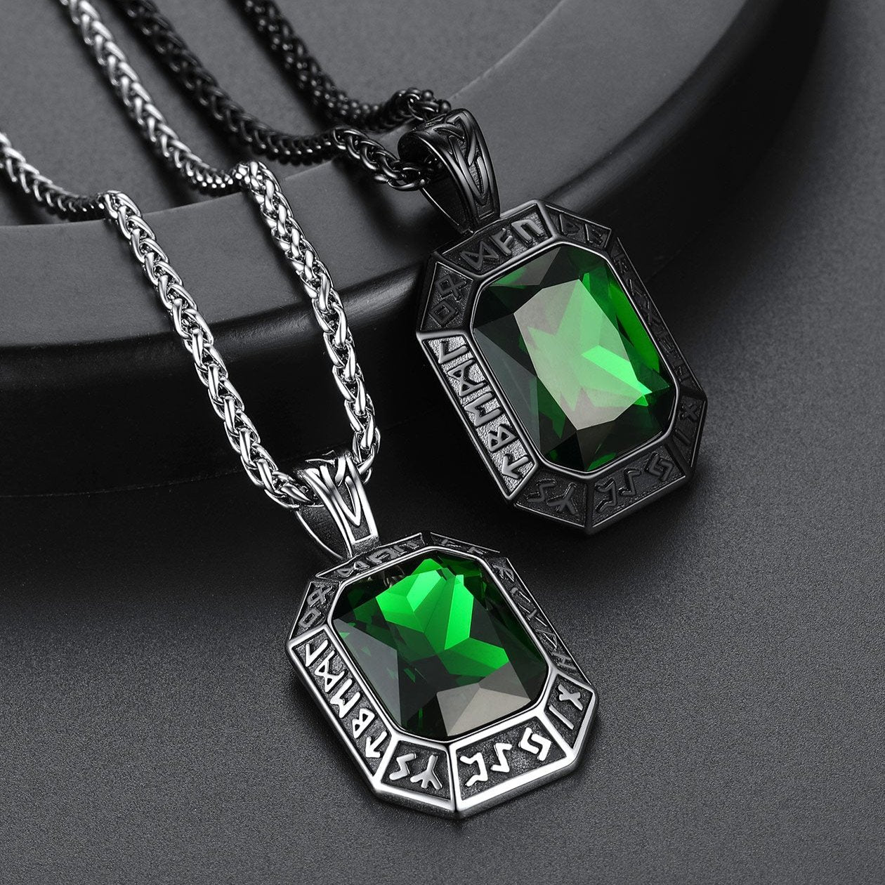 Green Emerald Runes Dog Tag Necklace, Men's Jewelry