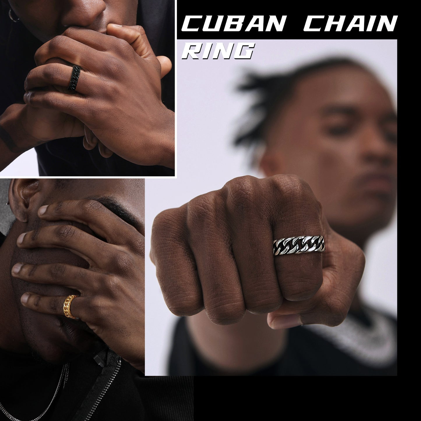 Male model wearing 7mm Cuban chain link band ring, bold unisex jewelry style