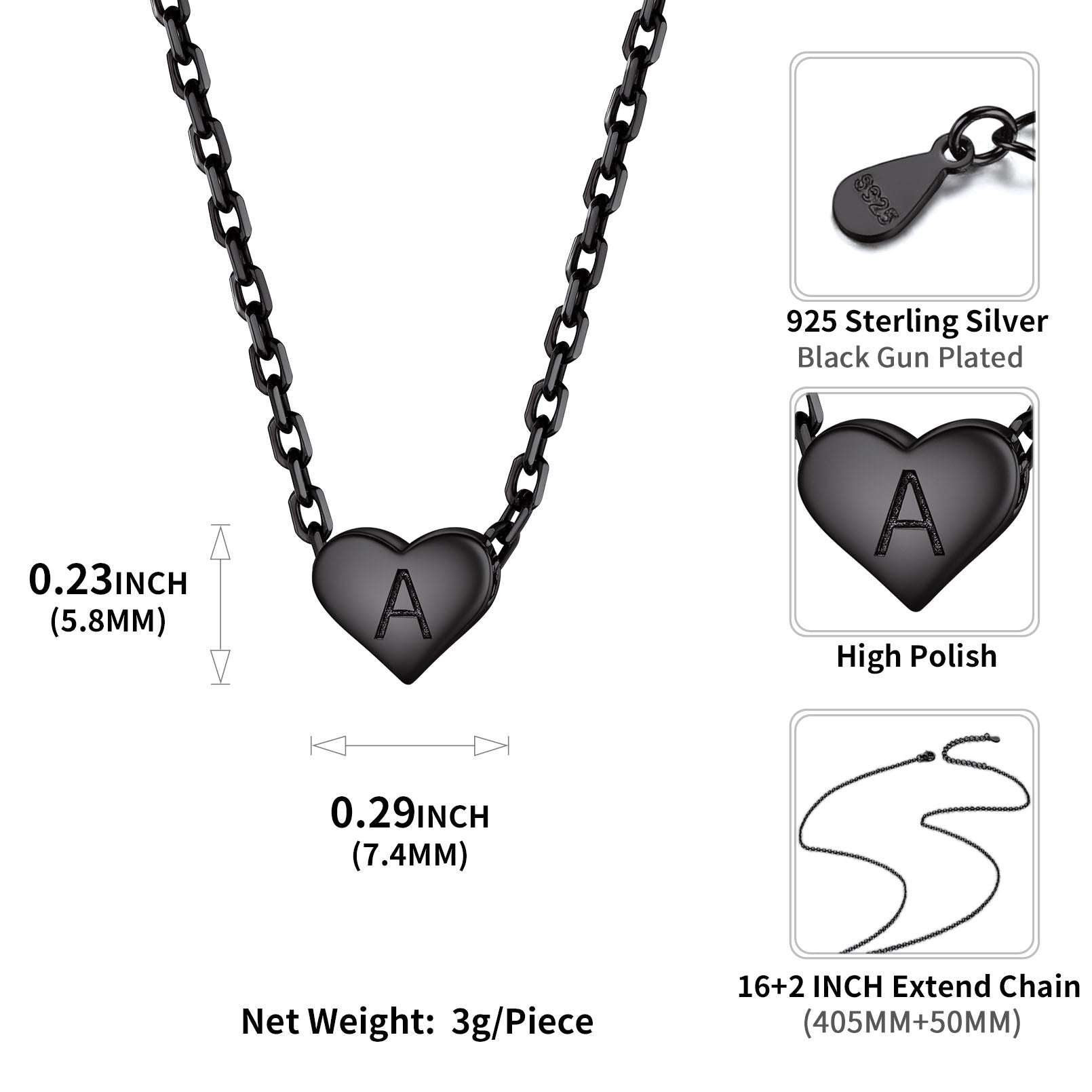 Black heart-shaped pendant necklace with 'A' engraving, chain details, and product specifications on a white background.