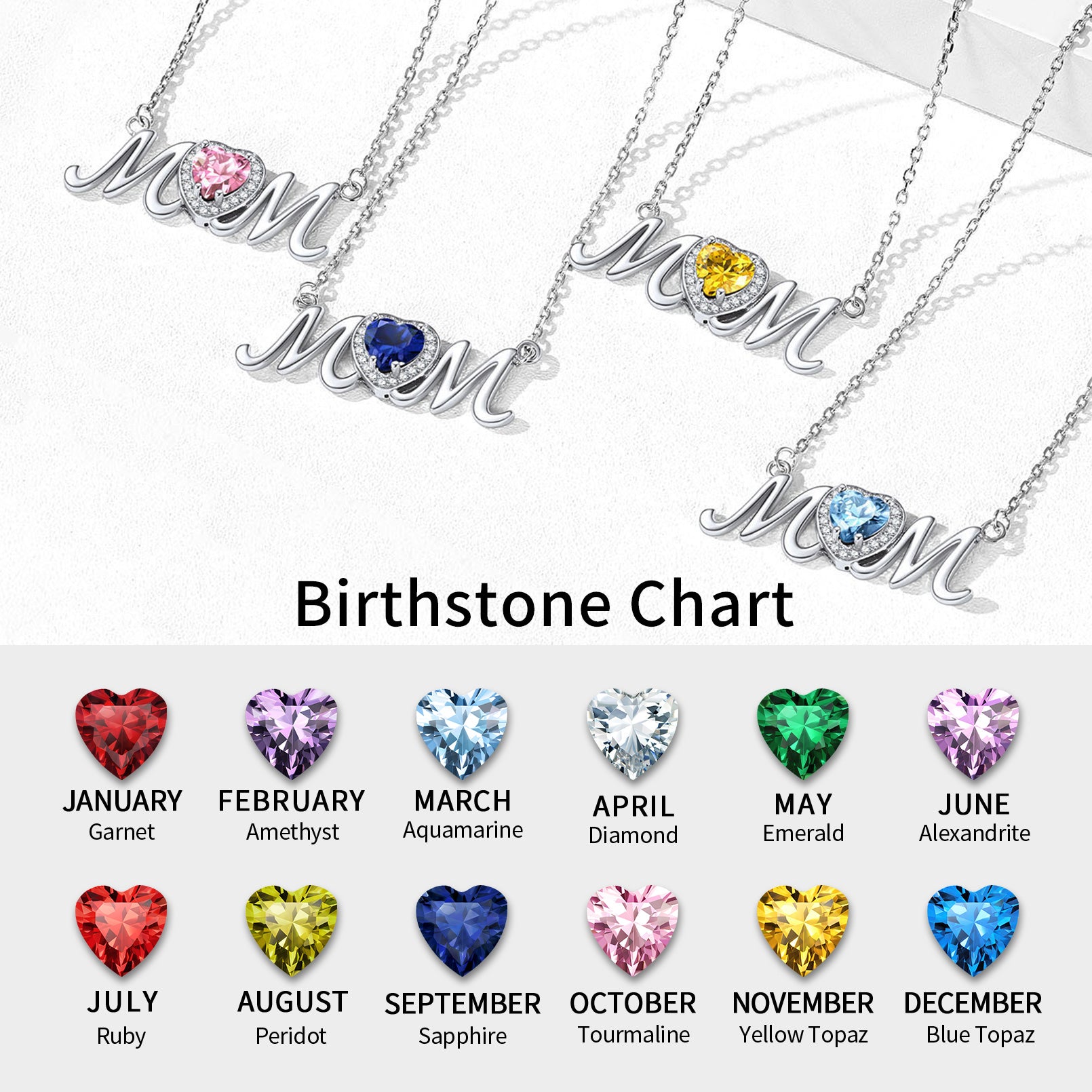 Three 'mom' necklaces with birthstones on a white background, accompanied by a birthstone chart.