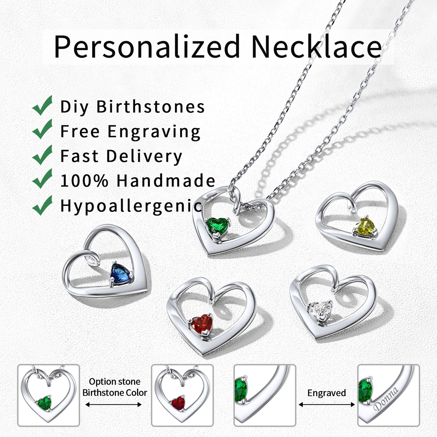 Close-Up of 1-5 Hearts Birthstone Necklace - Hypoallergenic 925 Sterling Silver
