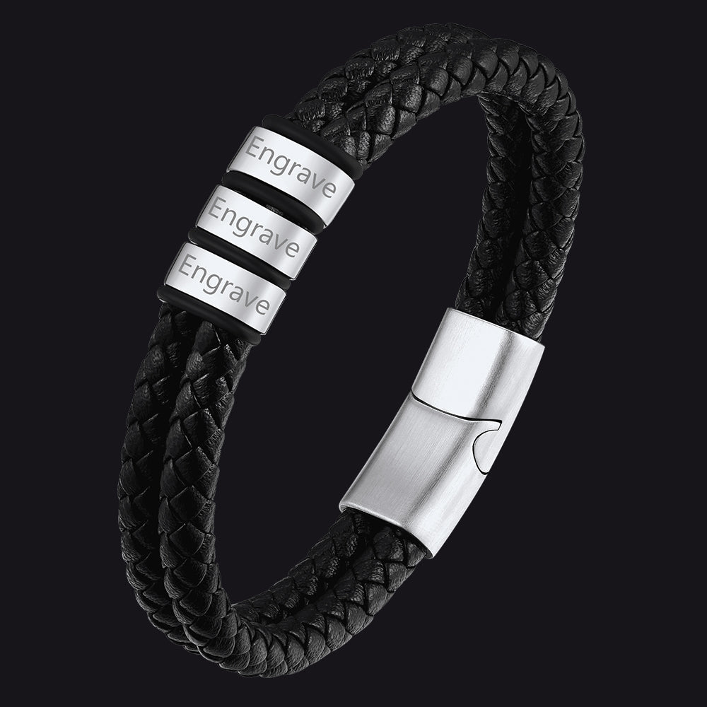 Engraving Name Braided Leather Bracelet 1-5 Beaded Gift for Men Dad Steel / 3 Beads / 23cm