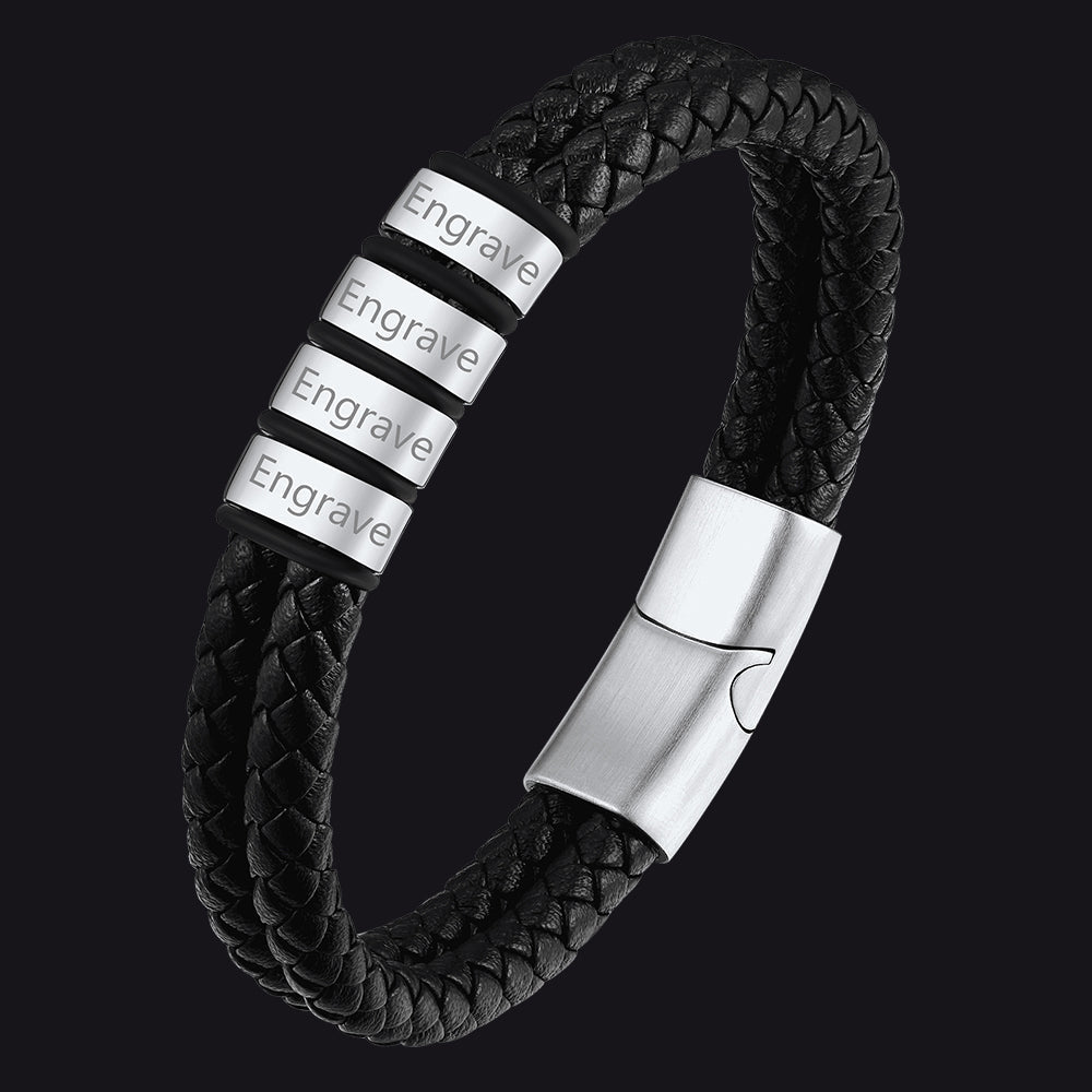 Engraving Name Braided Leather Bracelet 1-5 Beaded Gift for Men Dad FaithHeart Jewelry