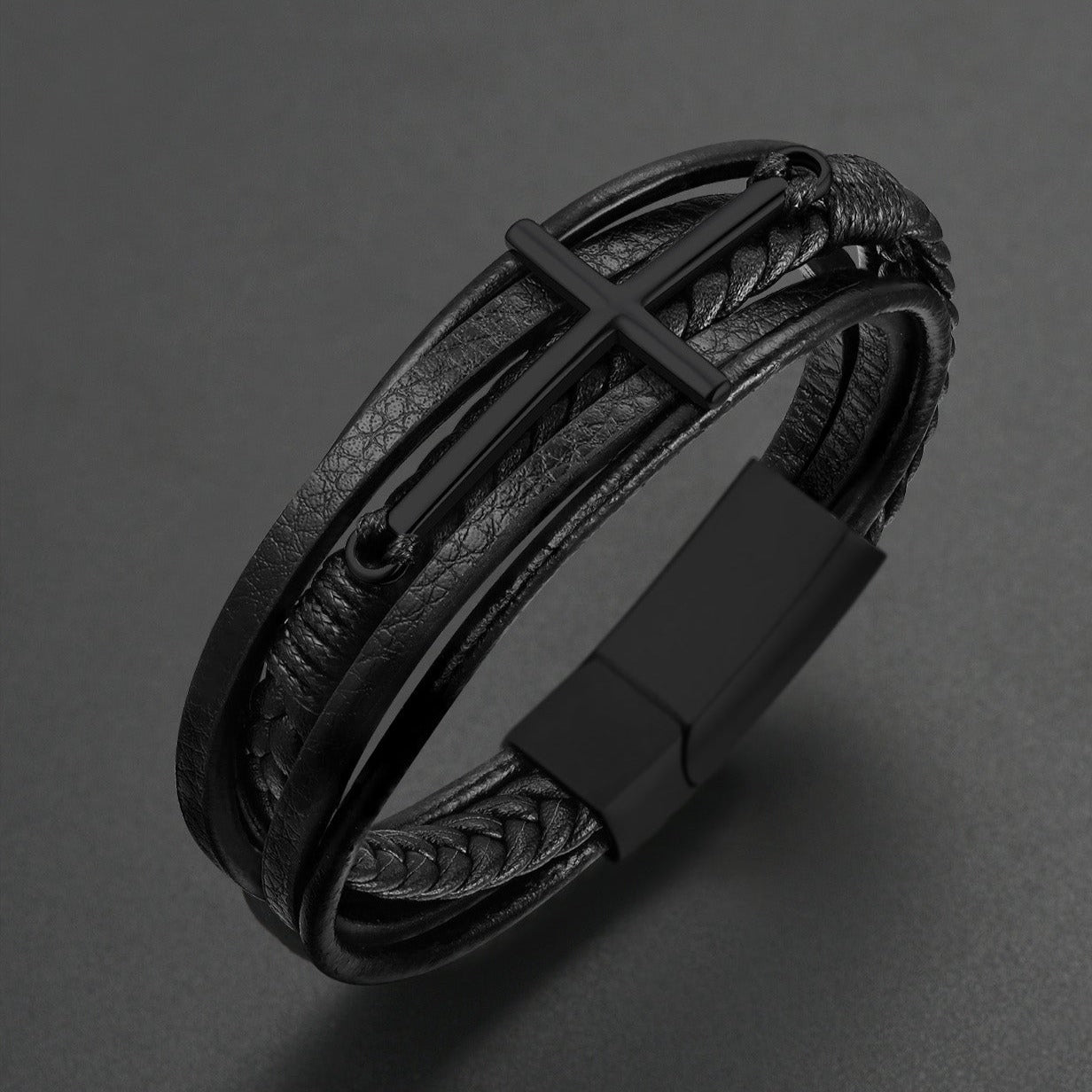 Men's Black Cross Leather Bracelet, stainless steel clasp