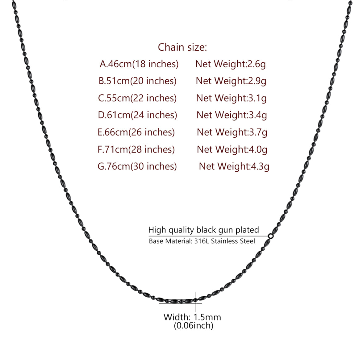 Slim Rope Chain Necklace Length Chart 18-30 Inches