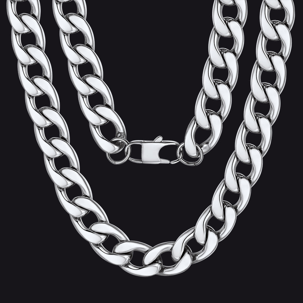 Stainless steel Cuban link chain necklace. Silver curb chain for men and women with lobster clasp.