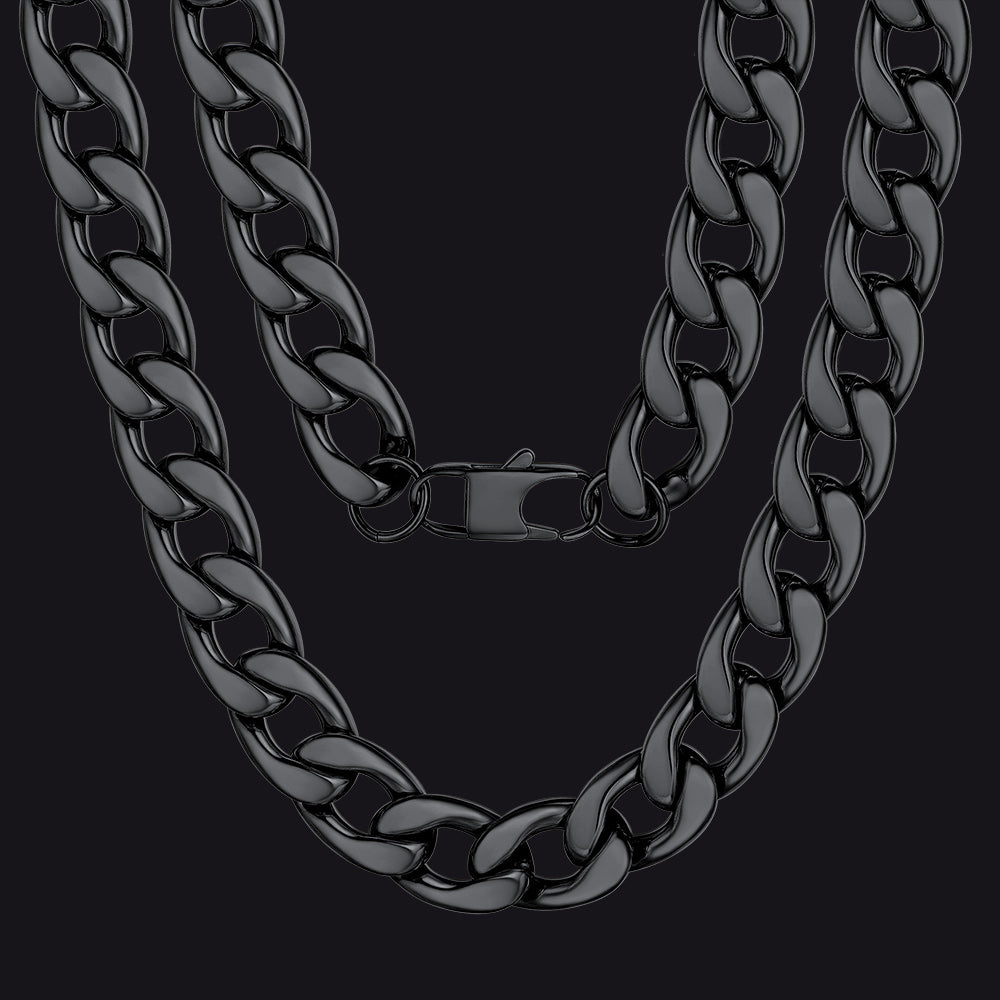 Black Cuban link chain necklace for men and women, made of stainless steel, lobster clasp closure.