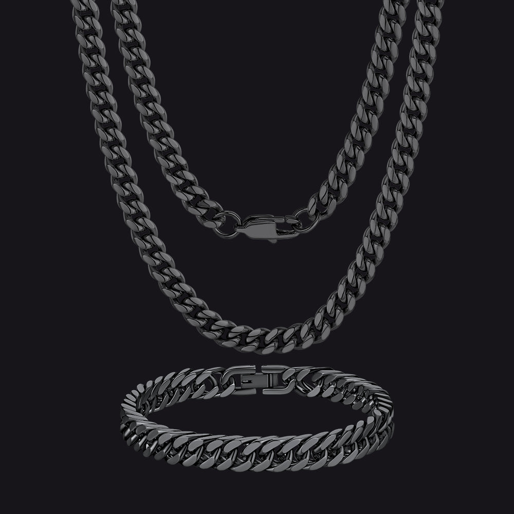 Black 6mm Cuban Chain & 8mm Bracelet Gift Set for Men