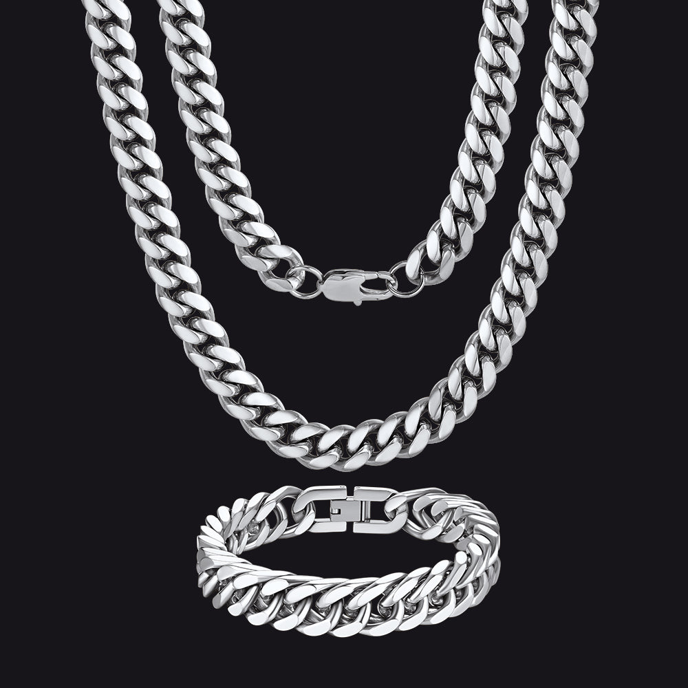 Men’s Heavy Steel Cuban Chain and Bracelet Set – 10mm Necklace, 12mm Bracelet