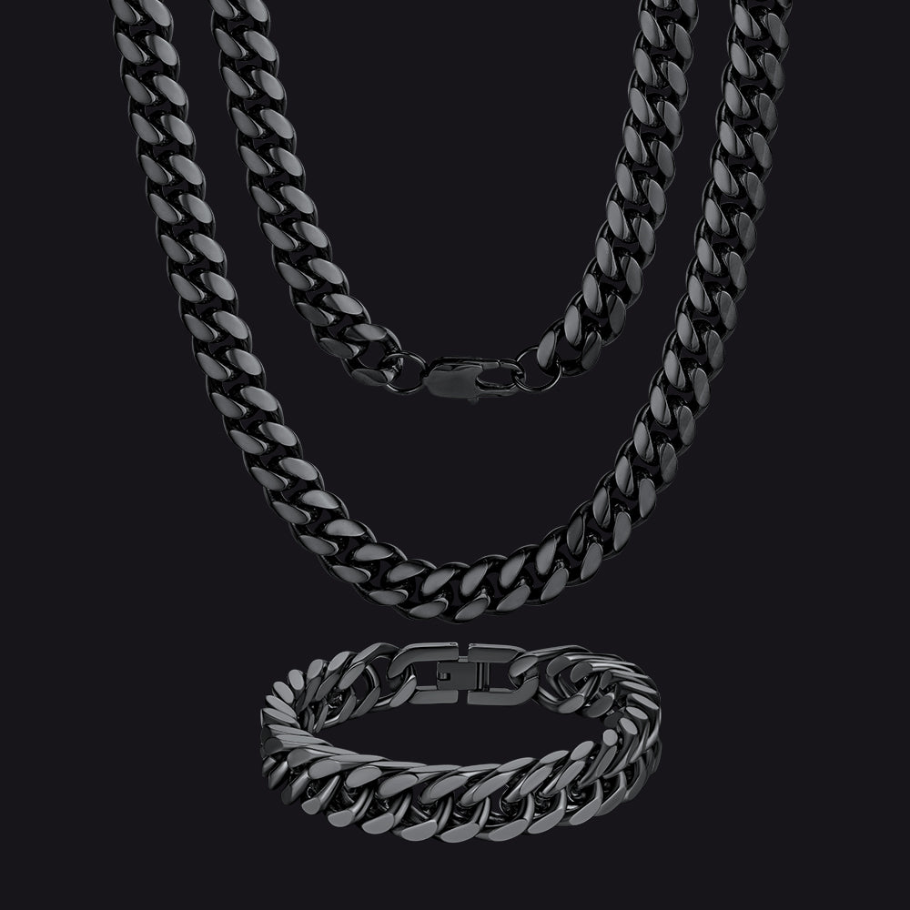 Black Stainless Steel Heavy Cuban Chain & Bracelet Set – 10mm Necklace, 12mm Bracelet