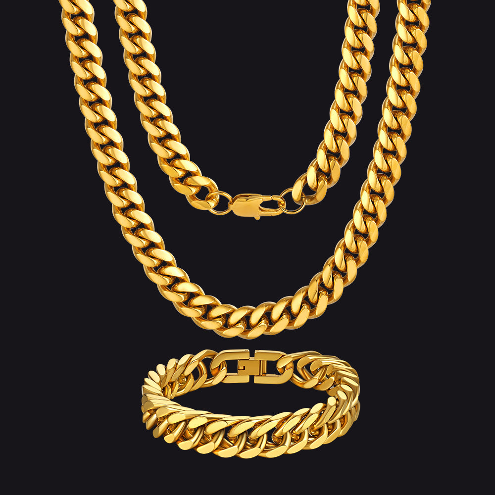 Chunky Gold Cuban Chain & Bracelet Set for Men – 10mm/12mm Miami Link