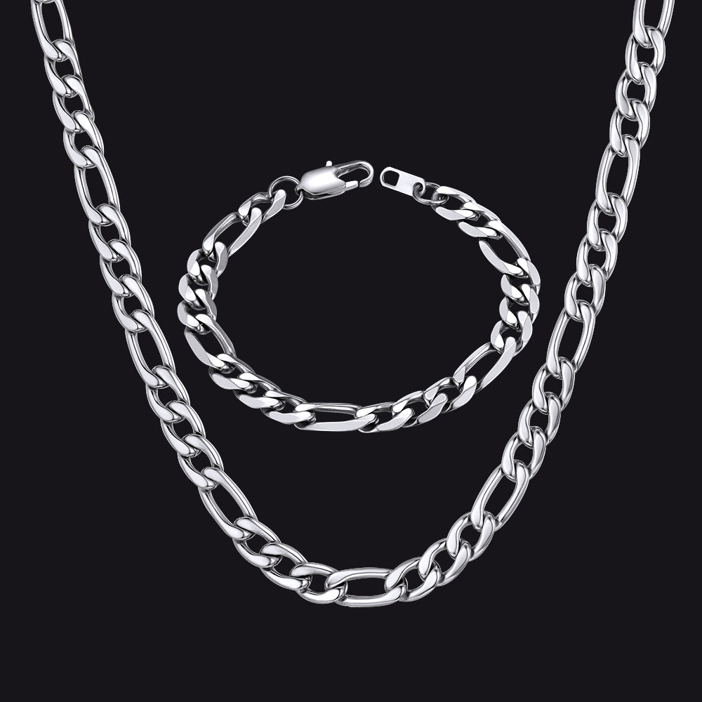 Silver Figaro Link Chain Necklace and Bracelet Set for Men