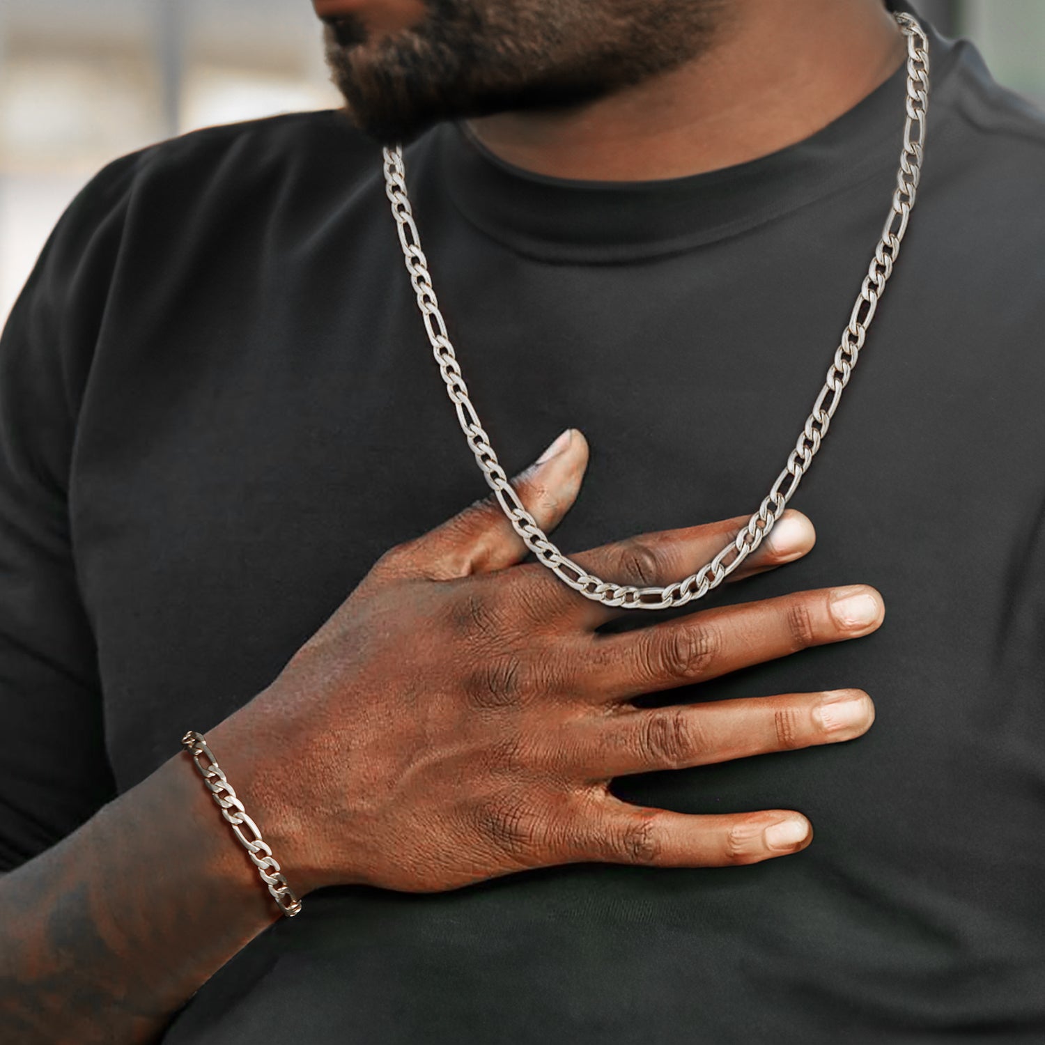 Man Wearing Figaro Chain and Bracelet Set