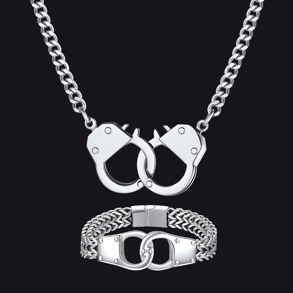 Silver handcuff necklace and bracelet set