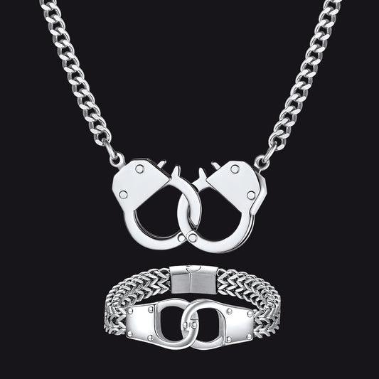 Silver handcuff necklace and bracelet setimg
