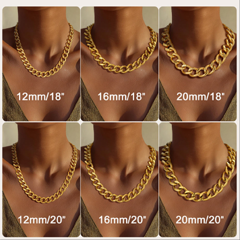 Collage of gold chain necklaces on mannequins with size labels.
