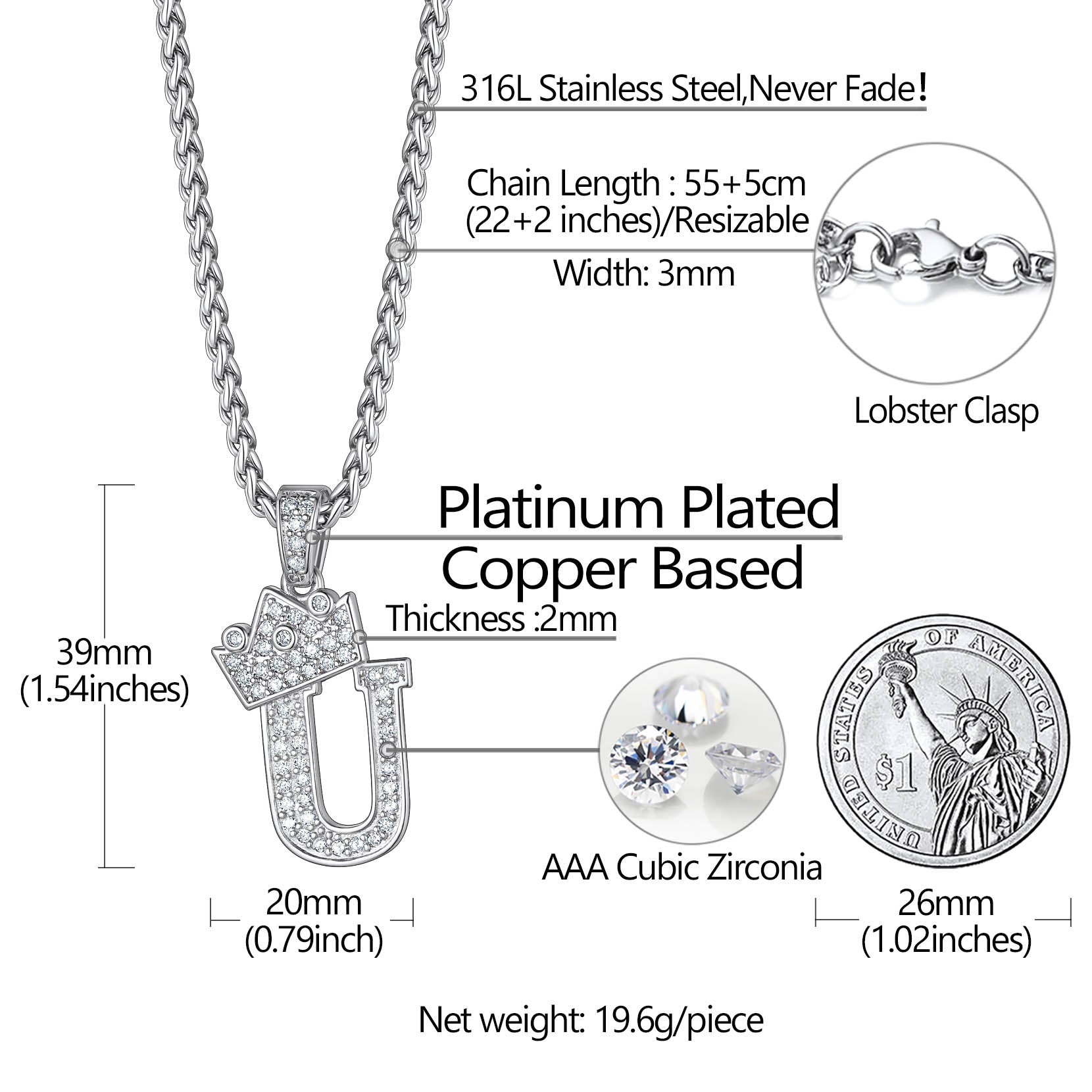 Silver necklace with pendant, chain, and clasp details