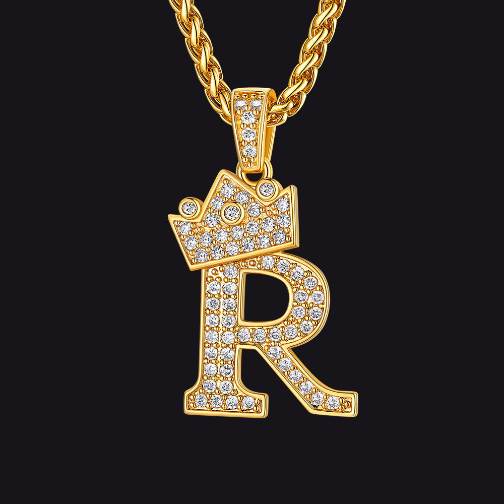 Gold R initial CZ Cuban chain necklace for men and women