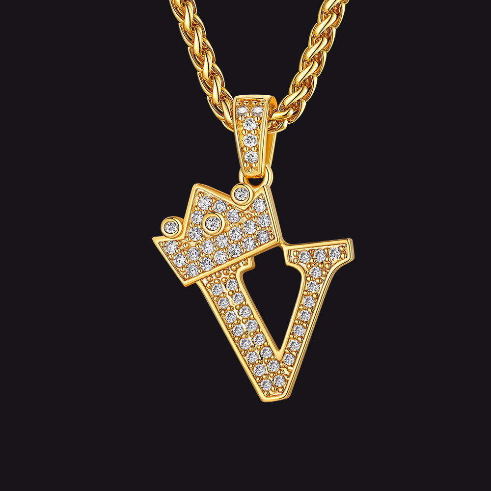 Gold V initial CZ Cuban chain necklace for men and women