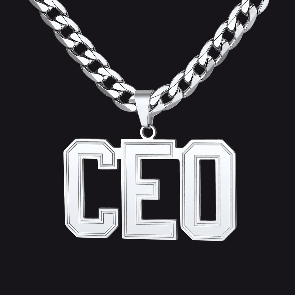 Silver 'CEO' necklace on a black background