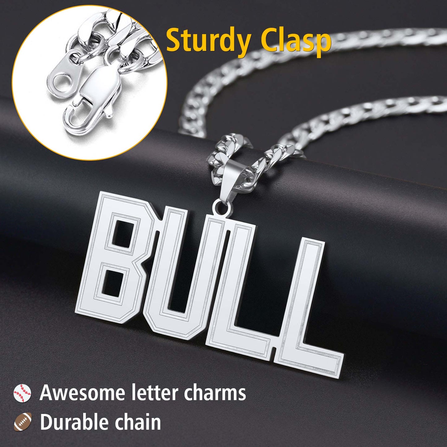 Silver Initial Letter Necklace with 'BULL' pendant on a dark background