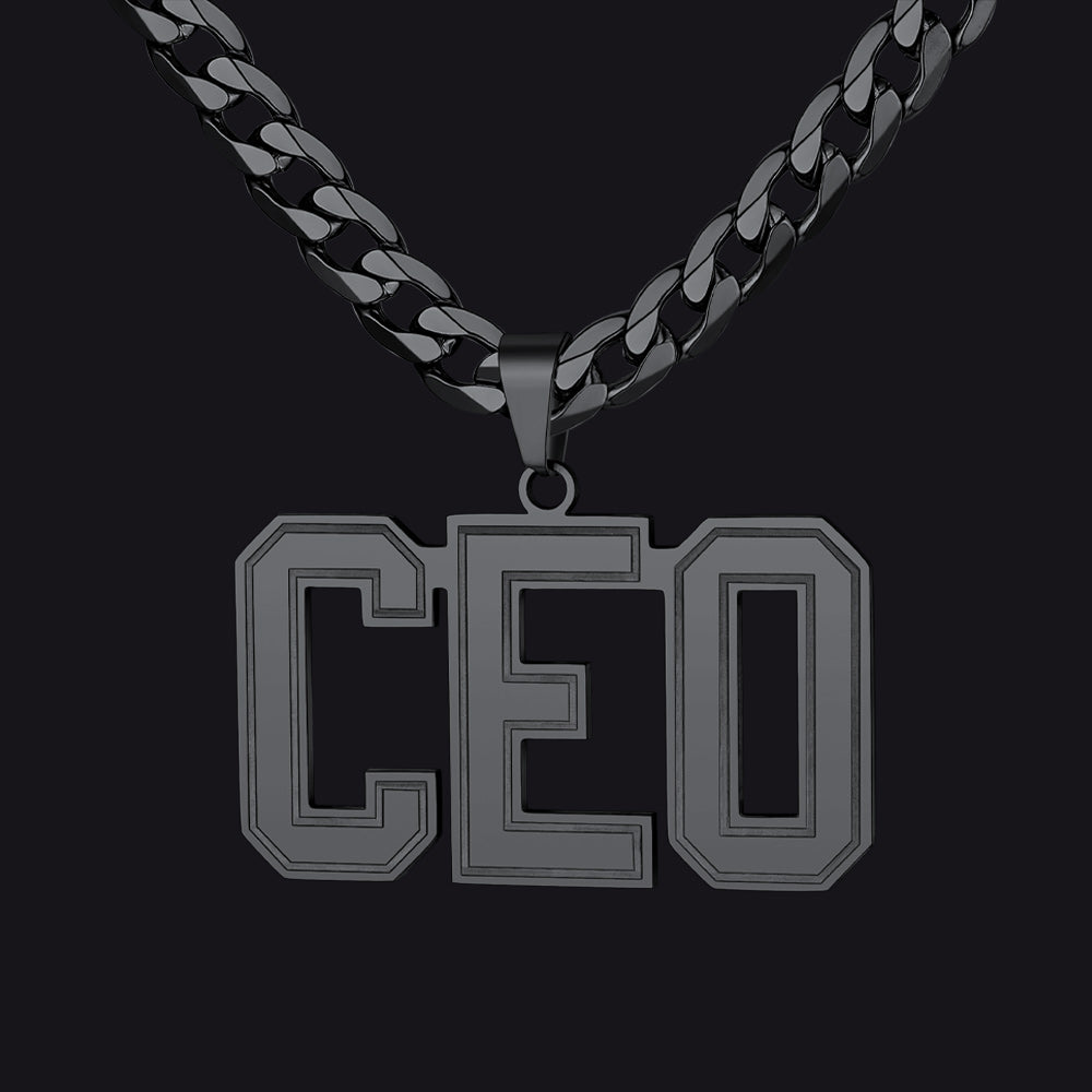 Black 'CEO' Initial Letter Necklace on a black background