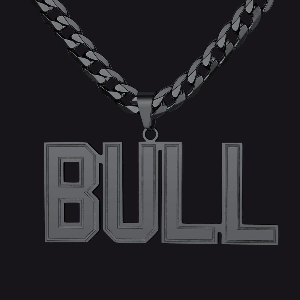 Black chain Initial Letter Necklace with 'BULL' pendant on a black background
