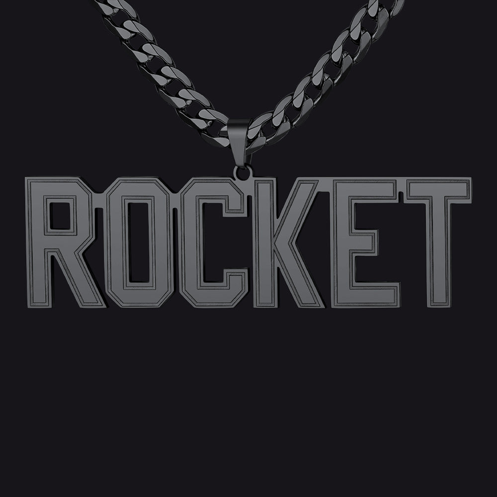 Initial Letter Necklace with 'ROCKET' pendant on a black background