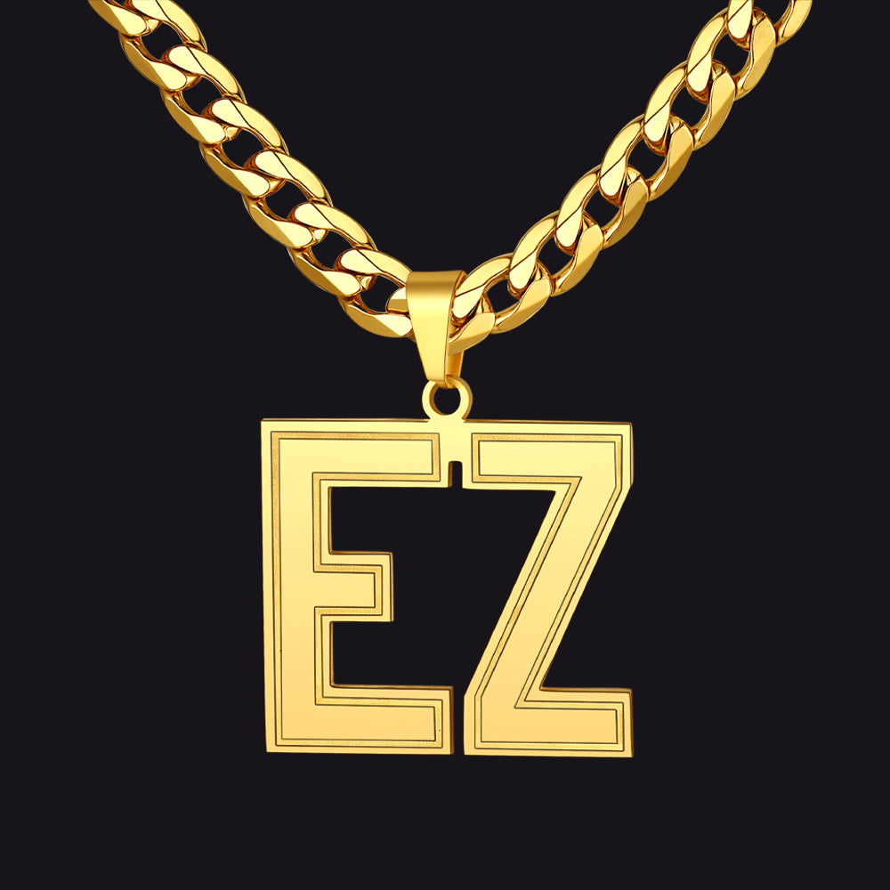 Gold Initial Letter Necklace with a 'EZ' pendant on a black background