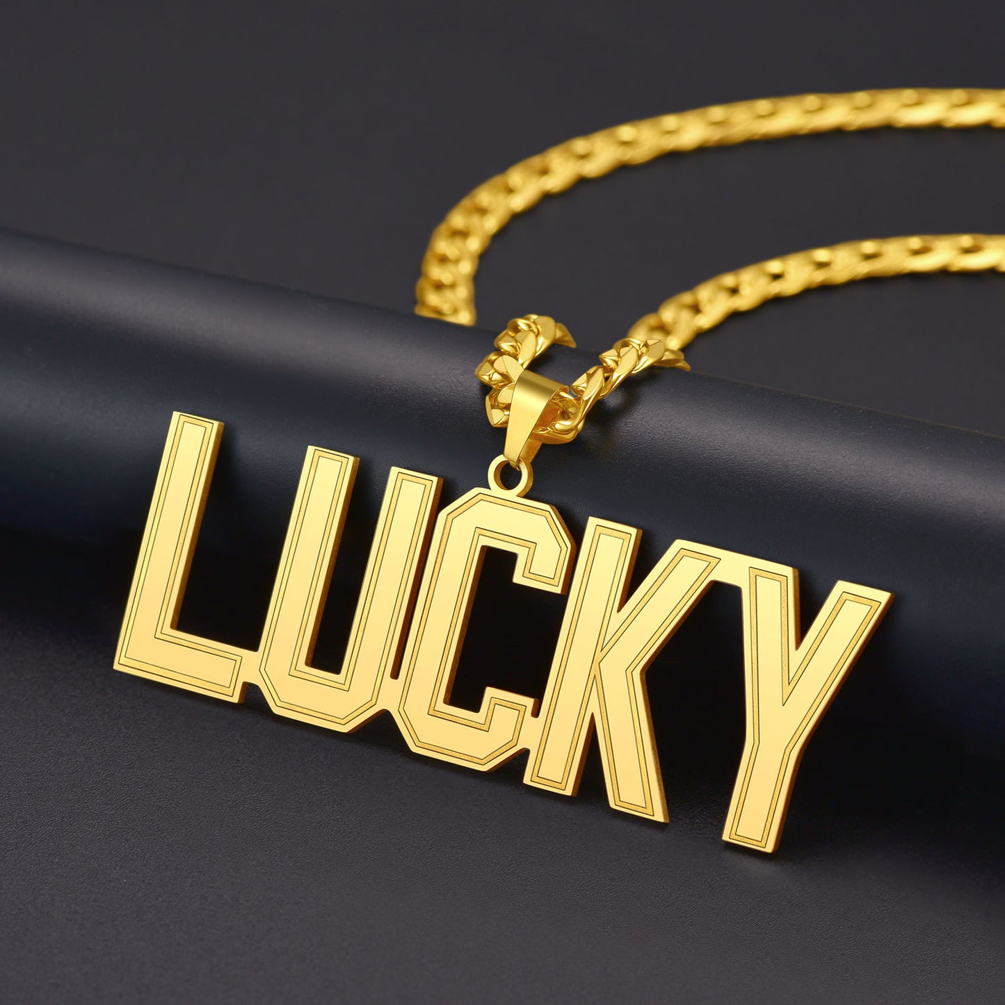 Gold Initial Letter Necklace with 'LUCKY' pendant on a black background