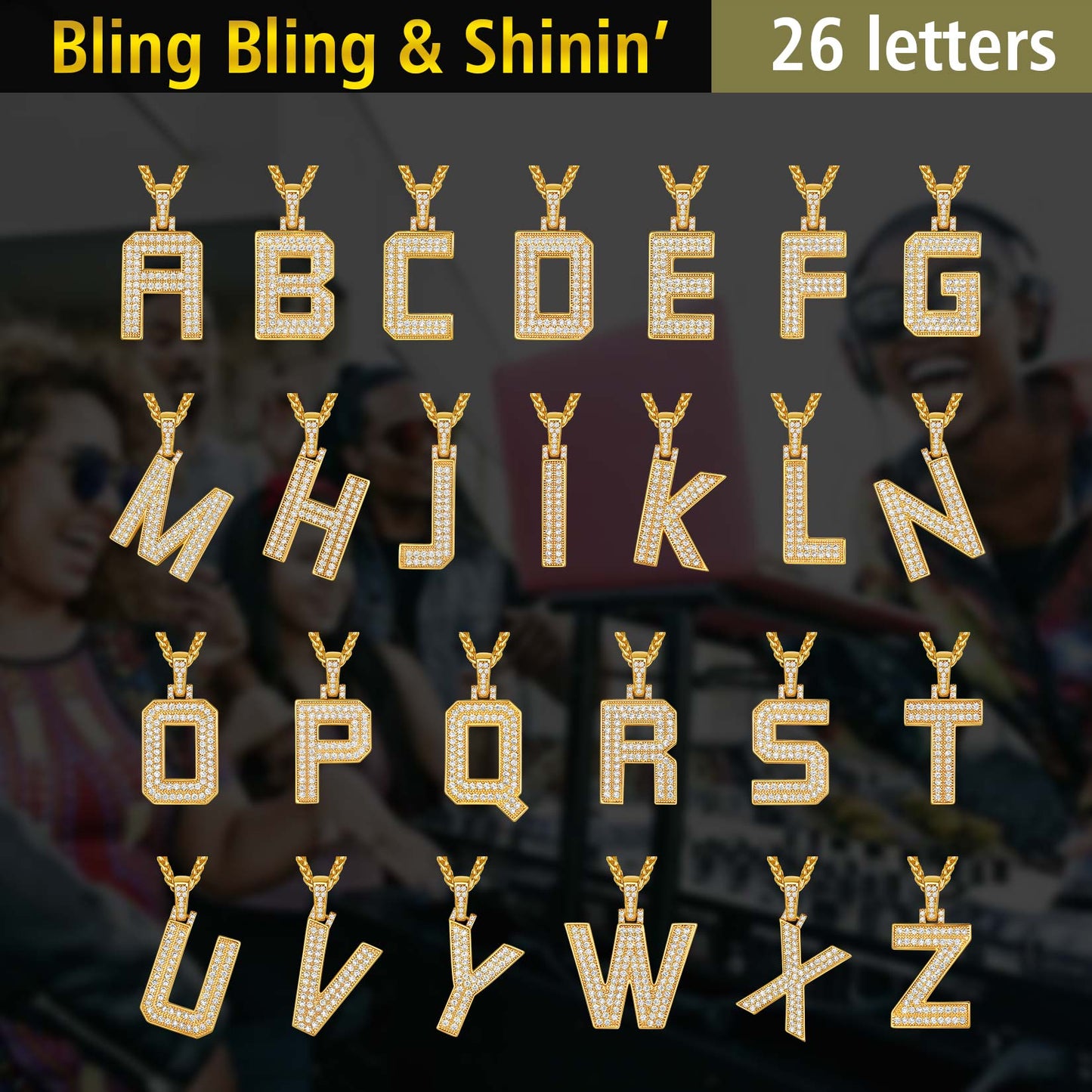 Gold letter pendant necklaces with cubic zirconia. 26 alphabet letters.