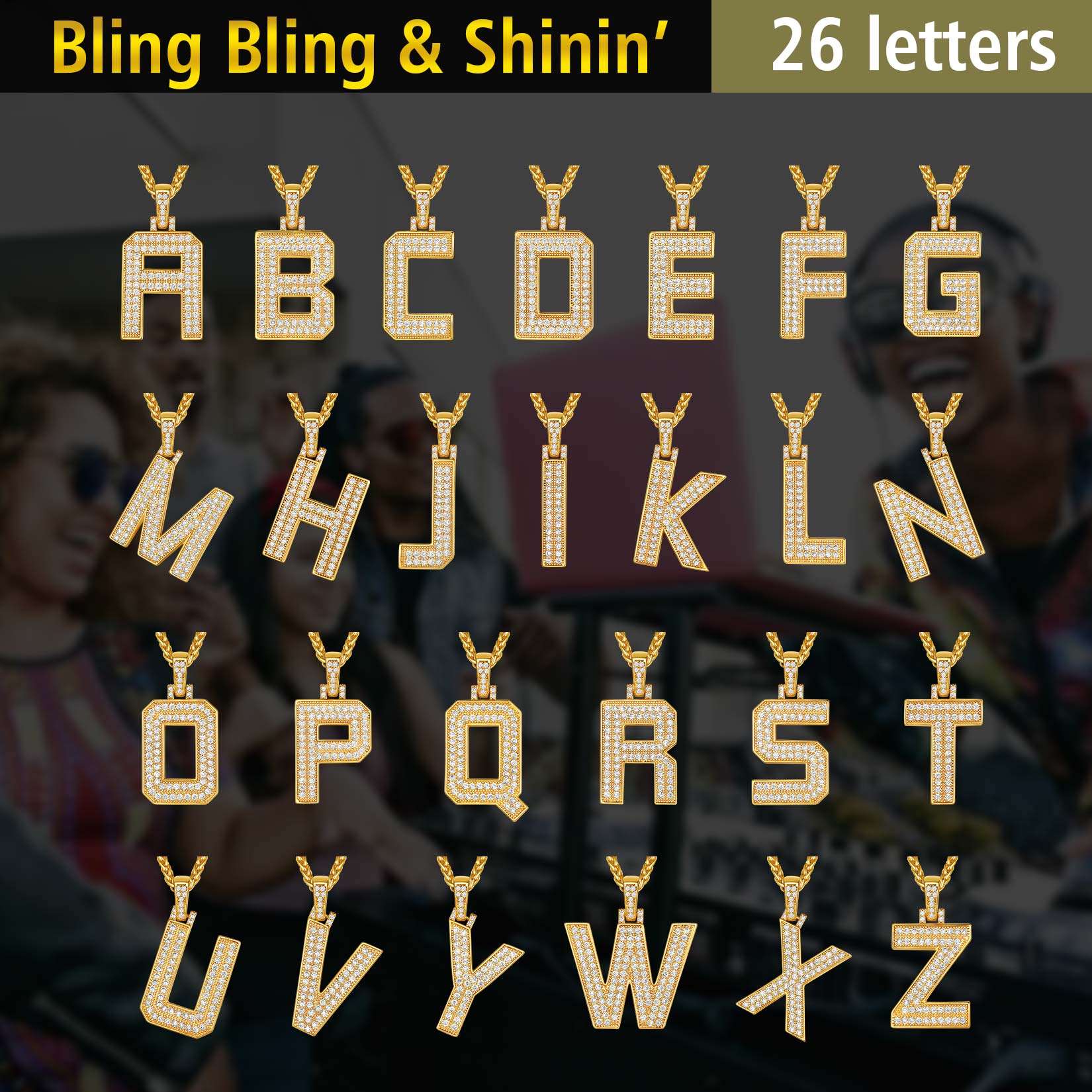 Gold letter pendant necklaces with cubic zirconia. 26 alphabet letters.