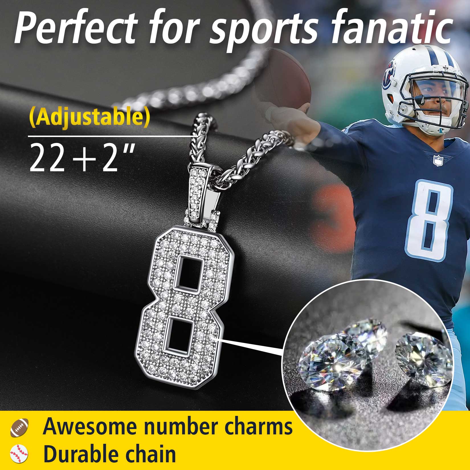 Number 8 CZ Jersey Necklace for sports fans