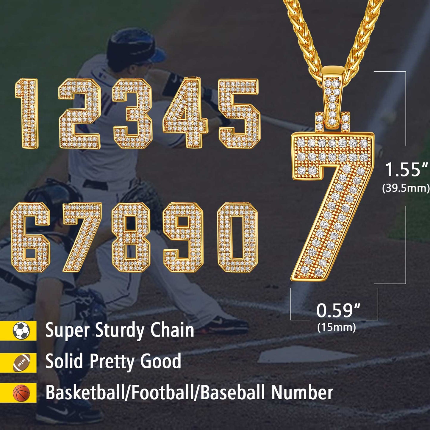 Gold number 7 pendant necklace with cubic zirconia, Sports team number necklace