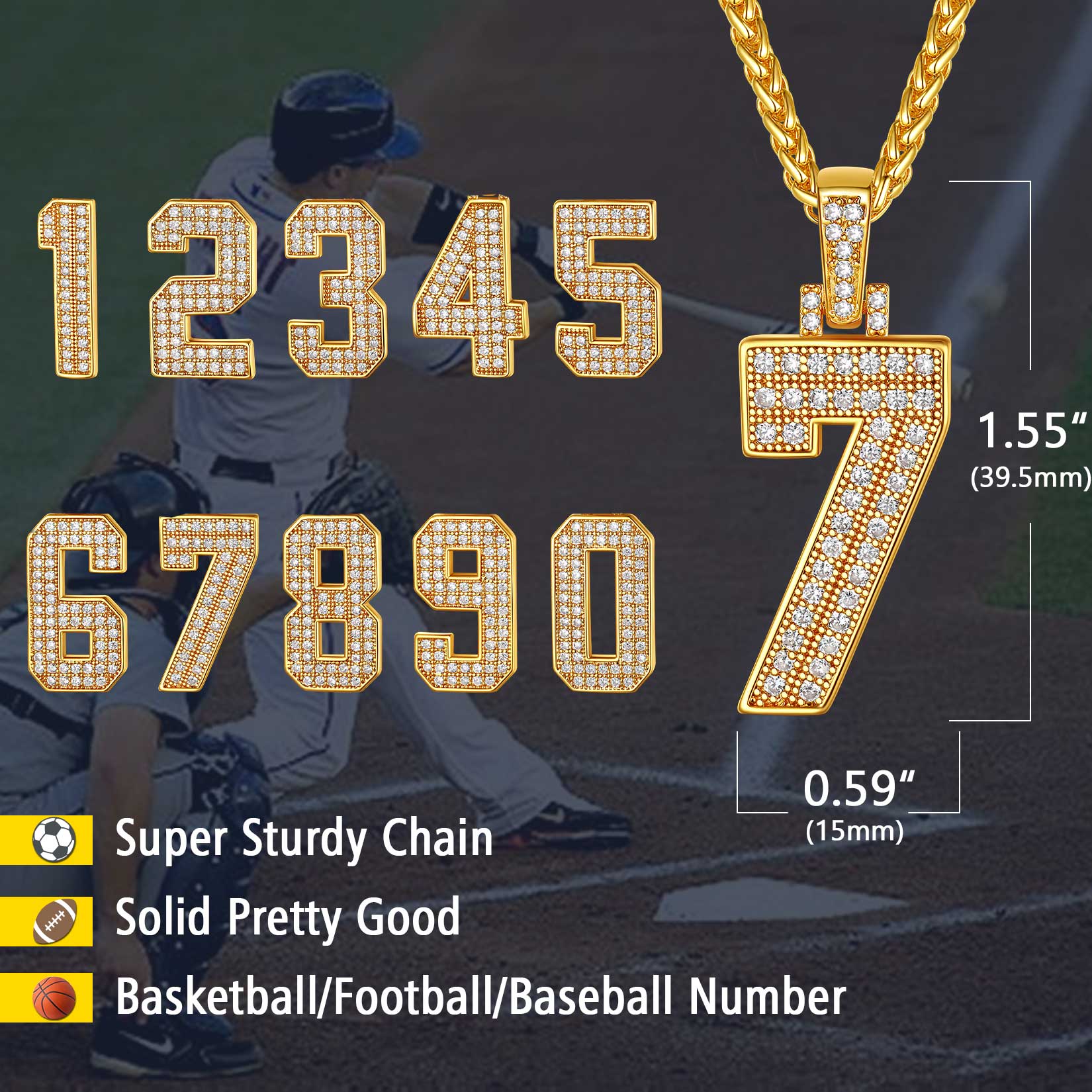 Gold number 7 pendant necklace with cubic zirconia, Sports team number necklace