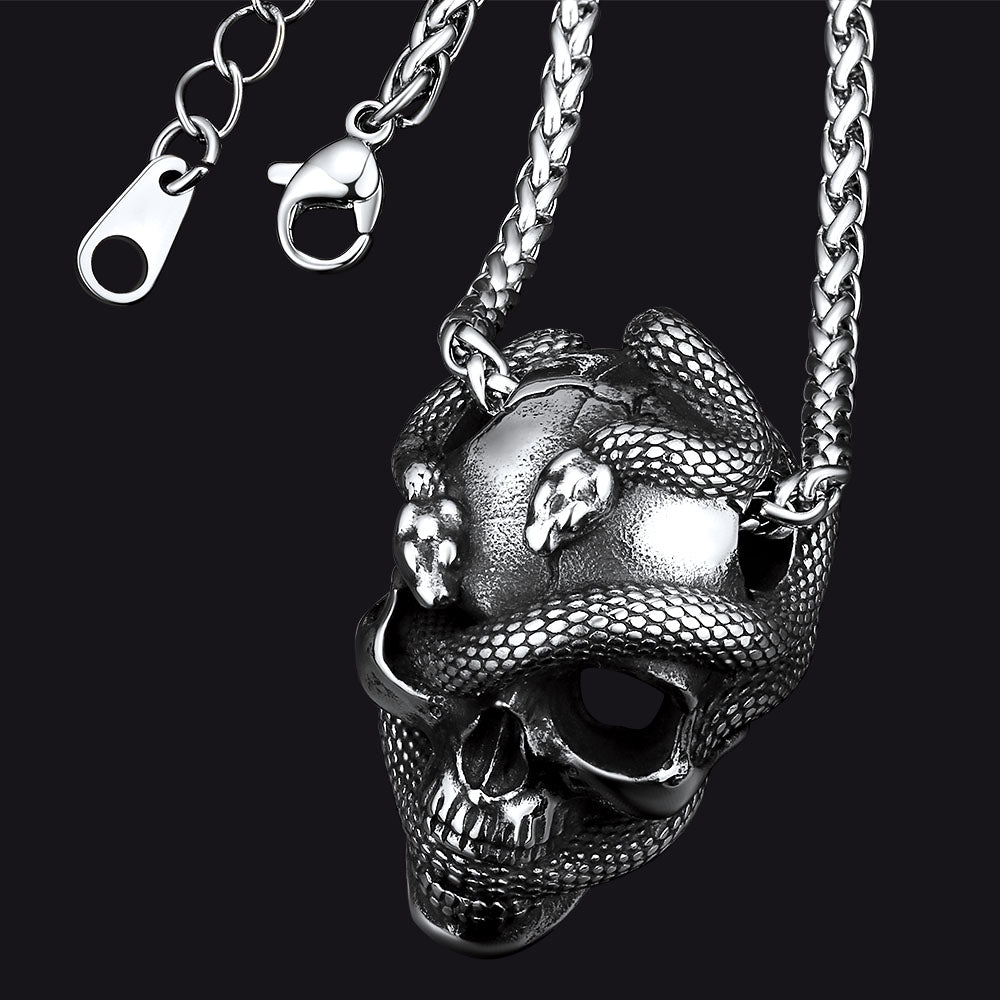 FaithHeart Snake Skull Pendant Necklace Stainless Steel Gothic Jewelry FaithHeart