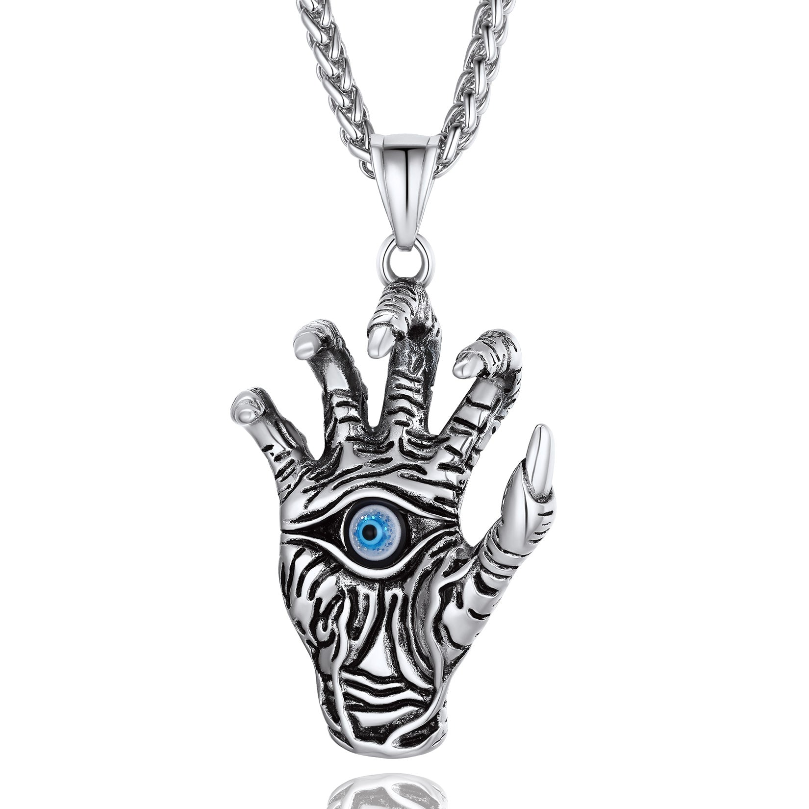 Silver dragon claw necklace with blue evil eye pendant for men