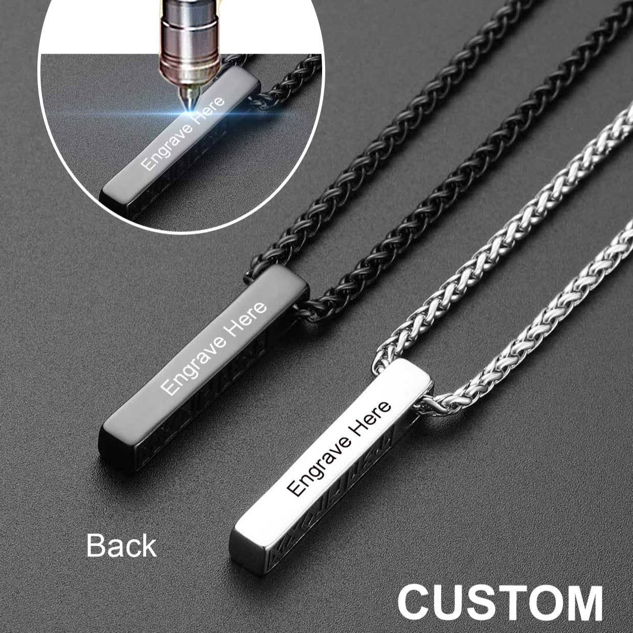 Custom engraved bar necklace, personalized Viking rune pendant for men