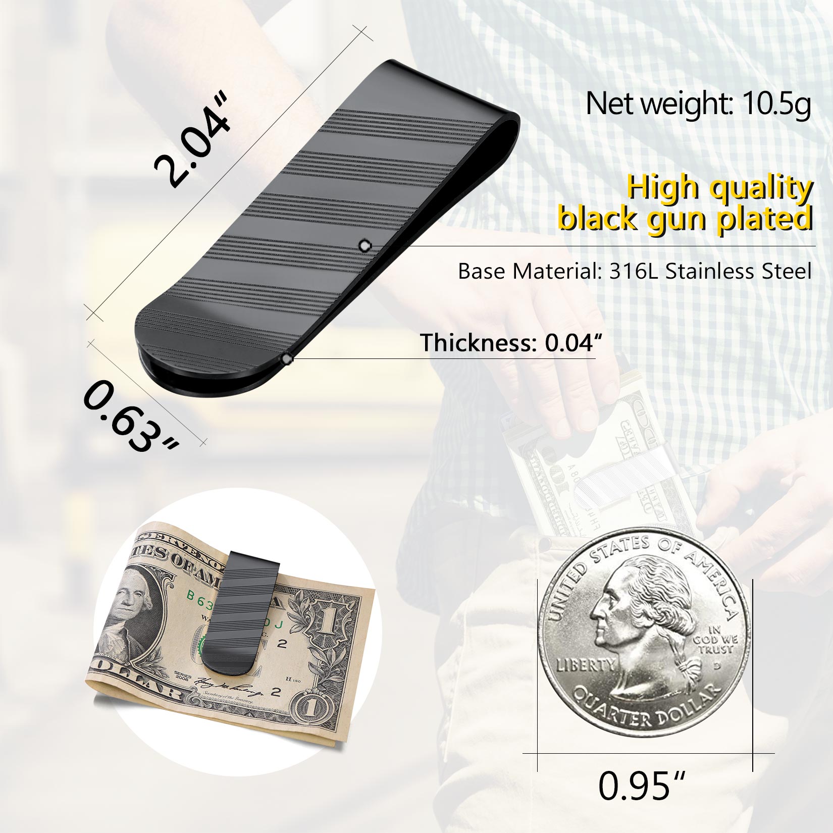 Black money clip with dollar bill, stainless steel, minimalist design.