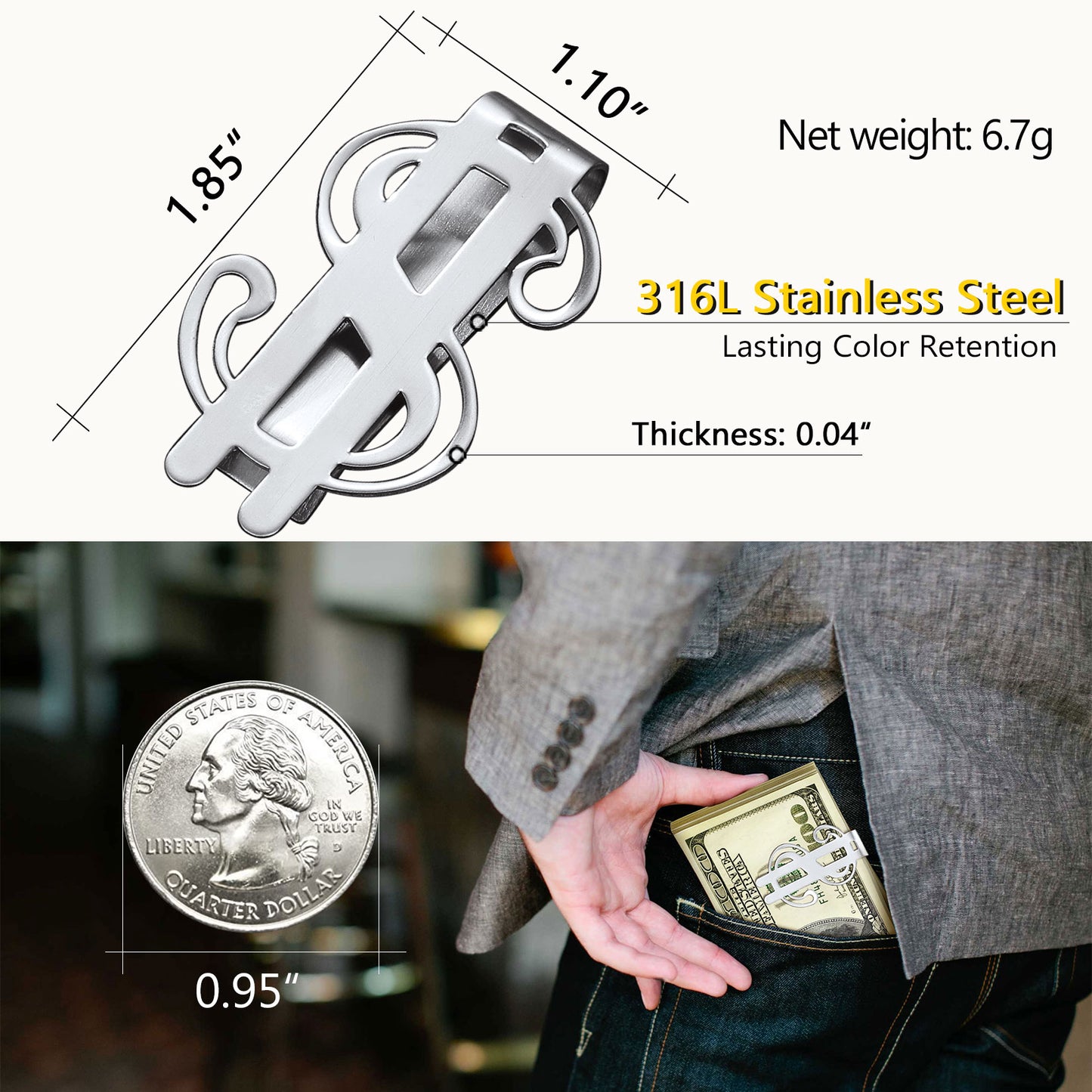 Stainless Steel Dollar Sign Money Clip holding cash, perfect accessory