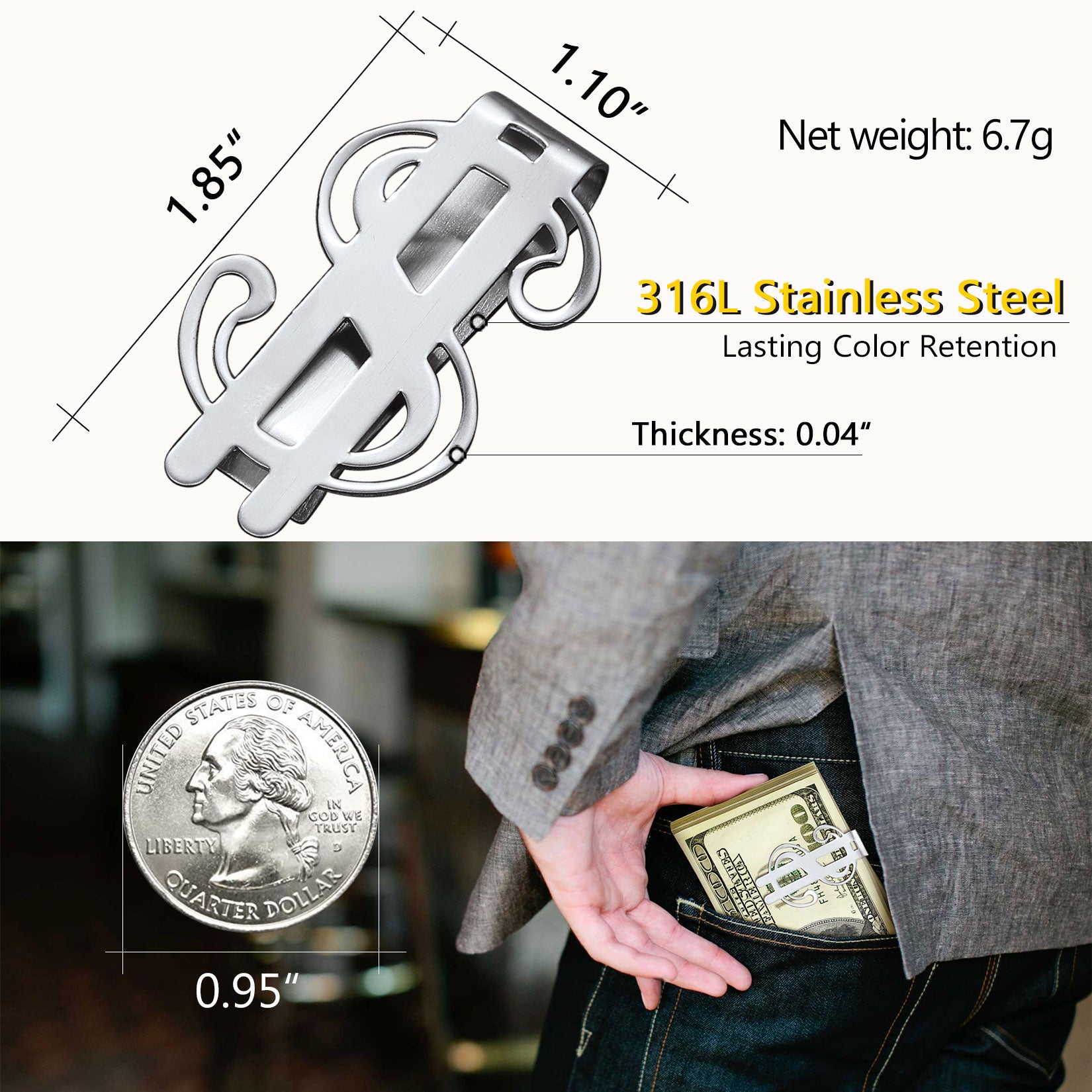 Stainless Steel Dollar Sign Money Clip holding cash, perfect accessory