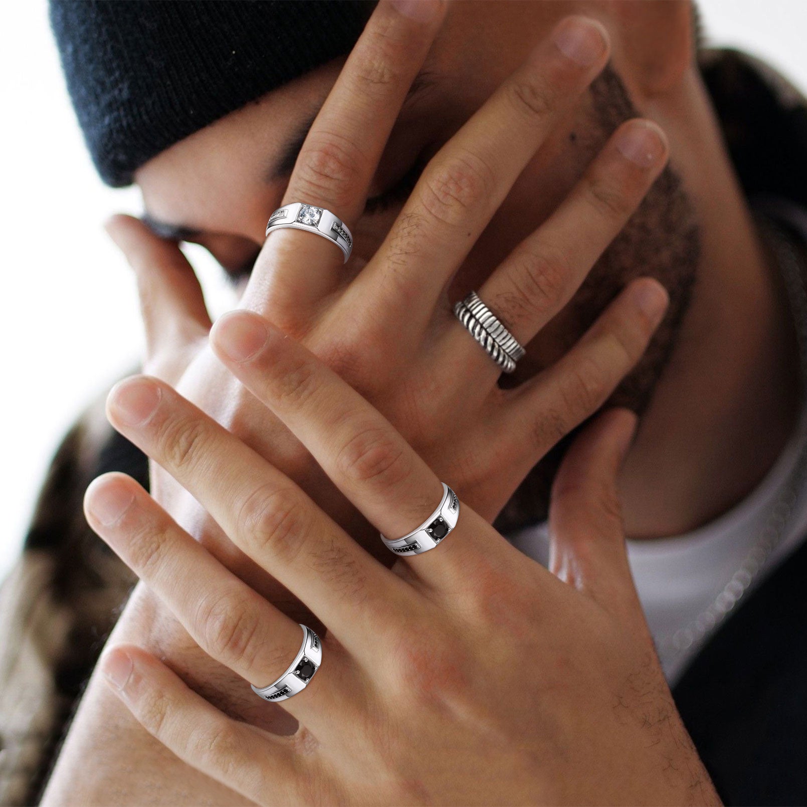 FaithHeart Men's Black Onyx Ring Diamond Ring in Sterling Silver FaithHeart