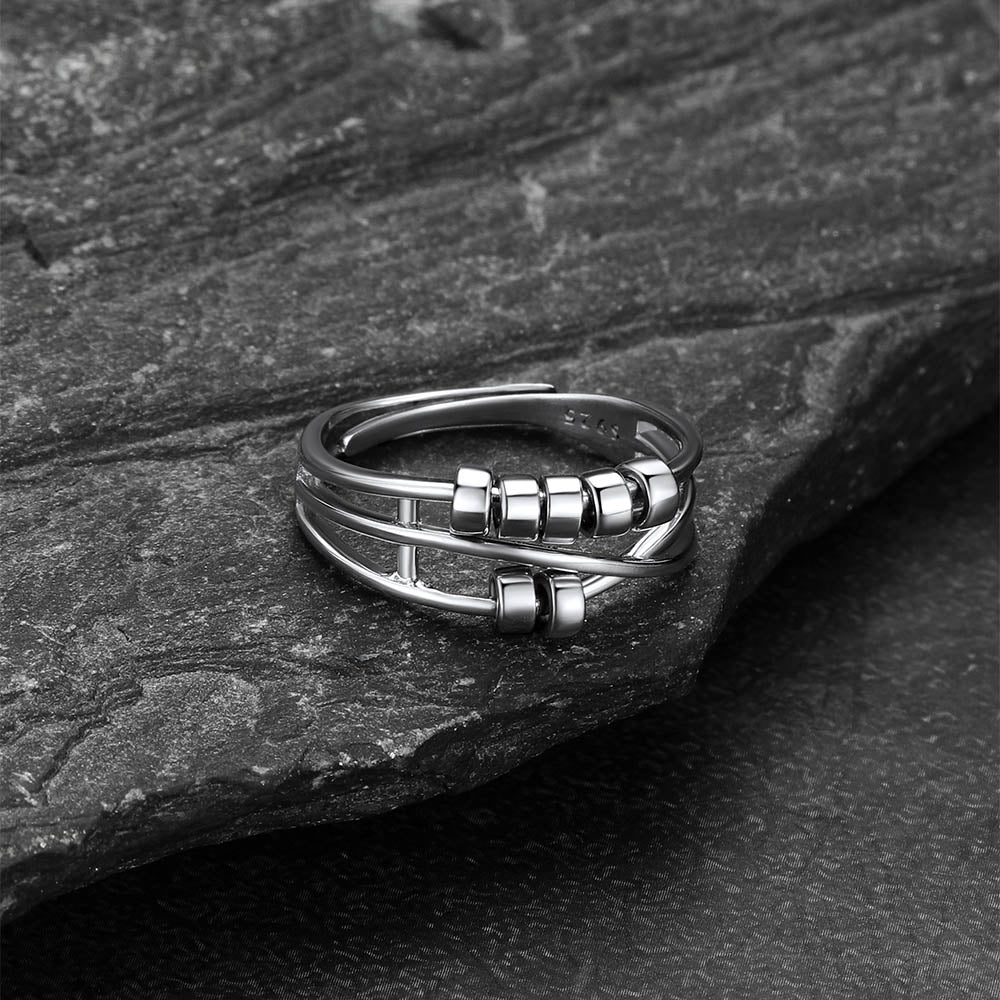 925 Sterling Silver Bead Anxiety Adjustable Ring for Women Men