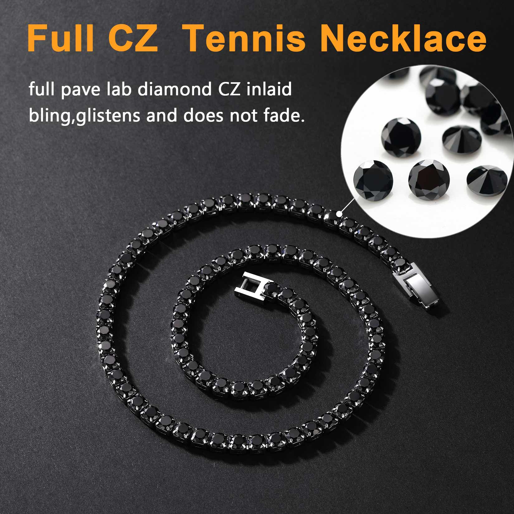 Full CZ Tennis Necklace with black cubic zirconia stones