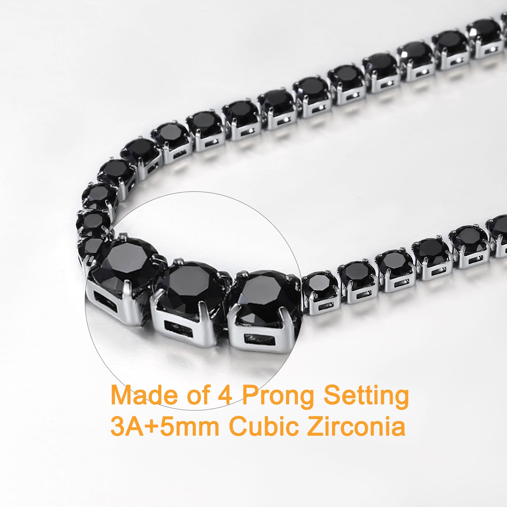 Close-up view of Black CZ Diamond Cut Tennis Chain Necklace, 4-Prong Setting